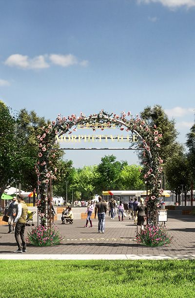 General public in the city centre with an arch of flowers including a Morphettville sign. (Artist impression)
